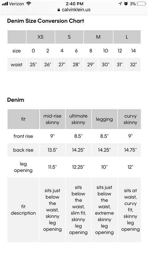 calvin klein size chart jeans|More.